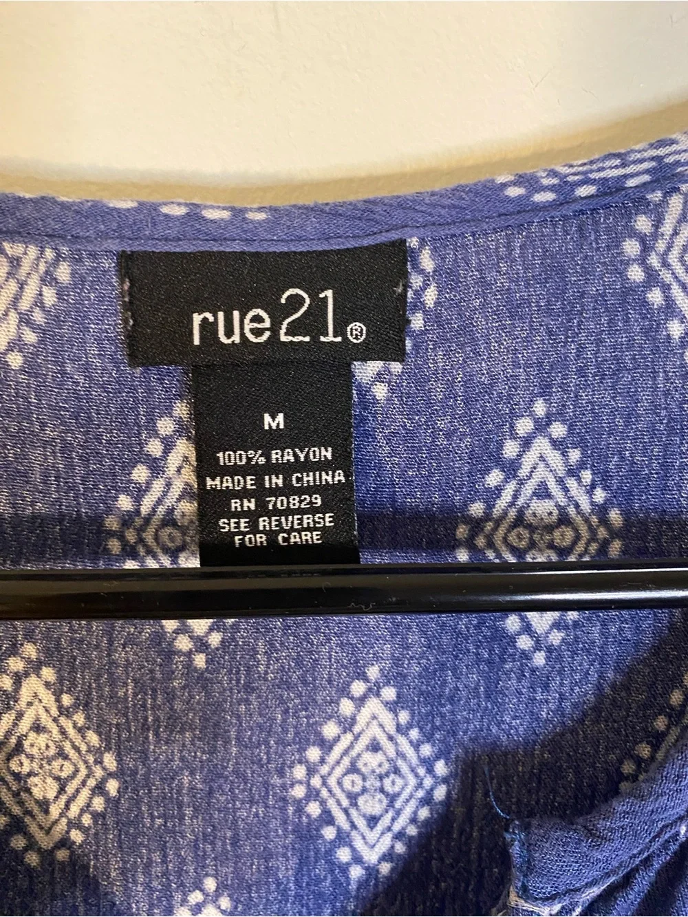Rue21 Blue Printed V-Neck Long Sleeve Navy Blue Bohemian Top